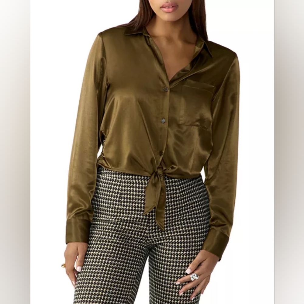 Sanctuary | Dark Green Satin Tie-Front Blouse